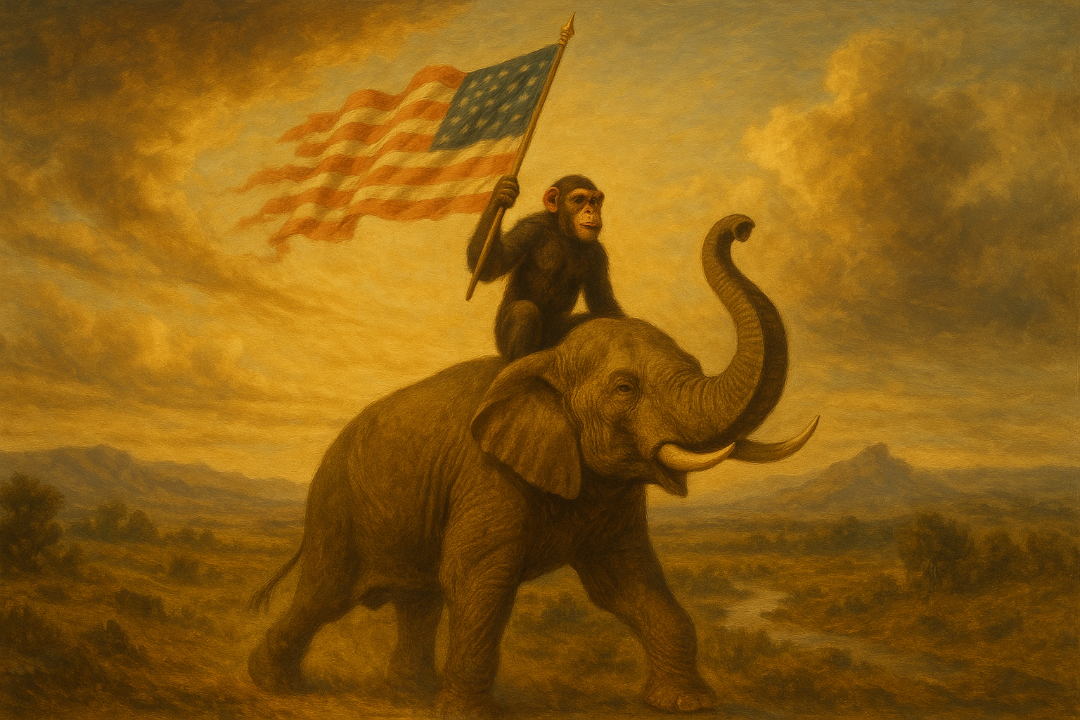 Chimp rides elephant with flag